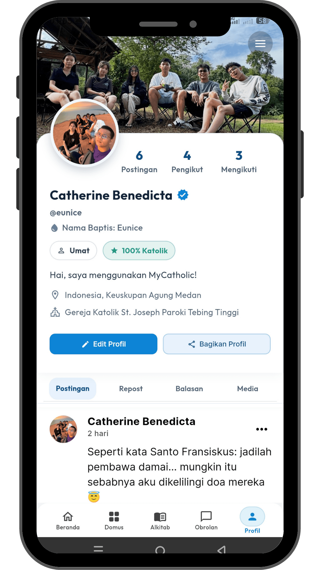 Tampilan profil MyCatholic pada mockup ponsel